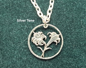 Lily Pendant, Bermuda 10 Cent Coin, Cut Coin Jewelry, Lily Necklace, Artisan Jewelry, Handmade Jewelry, Boho Jewelry