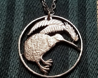 Kiwi Vogel Anhänger, Neuseeland 20-Cent-Münze, handgeschnittene Schmuckmünze, versilberte Kette, 9 Halskettenoptionen, Münzehalskette