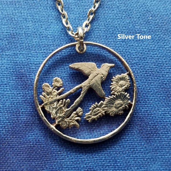 Bird in Flight Pendant, USA Oklahoma State Quarter, Hand Cut Coin Jewelry, Silver Plated Chain, 9 Necklace Options, Coin Necklace