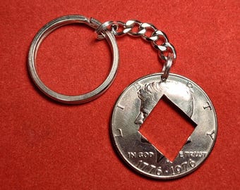 Ace of Diamonds Key Chain, US Kennedy Half Dollar, Cut Coin Jewelry, Handmade Jewelry