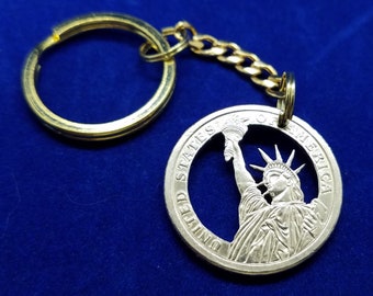 Statue of Liberty Key Chain, USA 1-Dollar Coin, Hand Cut Coin Jewelry, Key Chain Fob, Coin Key Chain, Coin Key Ring, Split Ring Key Chain