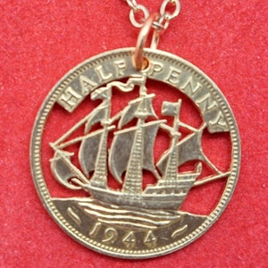 Jewelry Closeout - Sailing Ship Pendant, Cut Coin Jewelry, 3 Masted Ship, Handmade Jewelry, Clipper Ship, Coin Pendant, British Half Penny