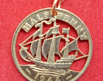 Handmade Sailing Ship Pendant: Cut British Half Penny Coin Jewelry