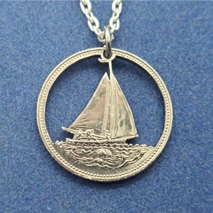 Jewelry Closeout - Sailboat Pendant, Bahama 25 Cent Coin, Hand Cut Coin Jewelry, Coin Pendant, Sailing Pendant