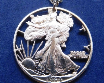 Walking Liberty Pendant, US Half Dollar, .900 Silver, Cut Coin Jewelry, Liberty Pendant, Silver Necklace, Artisan Jewelry