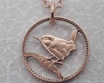 Wren Pendant, UK 1 Farthing Coin, Cut Coin Jewelry, Bird Necklace, Artisan Jewelry, Boho Jewelry, Handmade Jewelry