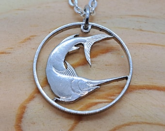 Swordfish Necklace, Singapore 20 Cent Coin, Cut Coin Jewelry, Marlin Pendant, Handmade Jewelry, Boho Jewelry
