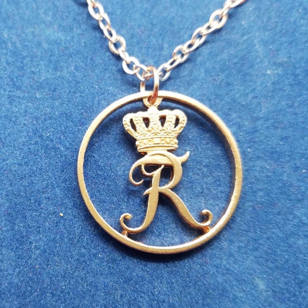 R Monogram Pendant, Danish 5 Ore Coin, Hand Cut Coin Jewelry, Rose Gold Plated Chain, 9 Necklace Options, Coin Necklace, World Coin Pendants