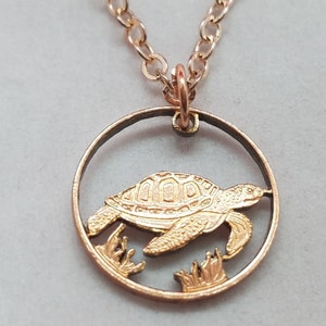 Sea Turtle Pendant, Papua New Guinea 5 Toea Coin, Cut Coin Jewelry, Artisan Jewelry, Handmade Necklace, Boho Jewelry