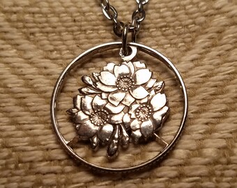 Cherry Blossom Pendant, Japanese 100 Yen Coin, Cut Coin Jewelry, Cut Coin Necklace, Hand Cut Coin, World Coin Pendants, 9 Necklace Options
