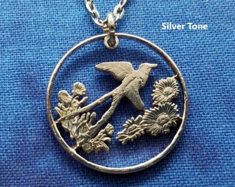 Bird in Flight Pendant, US Oklahoma State Quarter Cut Coin Jewelry, Artisan Jewelry, Handmade Jewelry, Boho Jewelry