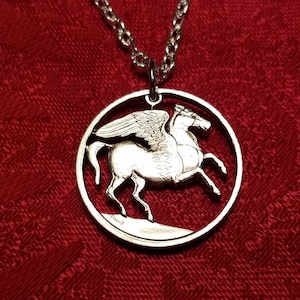 Winged Horse Pendant, Pegasus Pendant, Greek 5 Drachma Coin, Cut Coin Jewelry, Pegasus Necklace, Coin Pendant, Greek Pendant