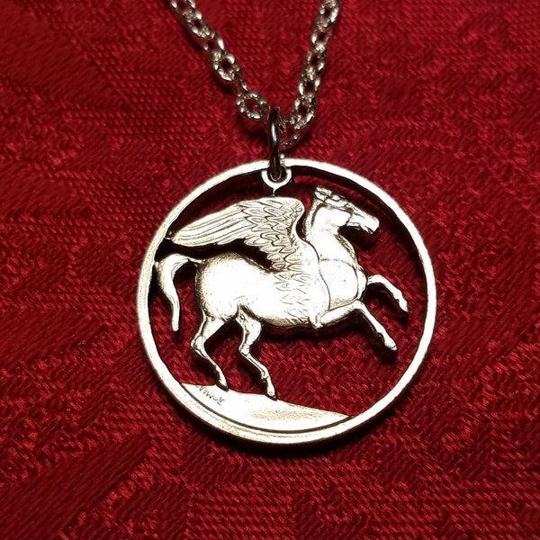 Pegasus Pendant, Greek 5 Drachma Coin, Hand Cut Coin Jewelry, Silver Plated Chain, 9 Necklace Options, Coin Pendant