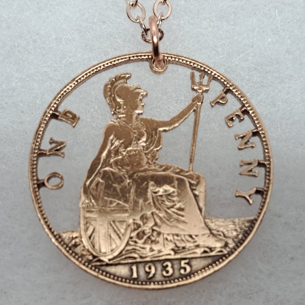 Britannia Pendant, Historic British One Penny Coin, Hand Cut Coin Jewelry, Rose Gold Plated Chain, 9 Necklace Options, Coin Necklace