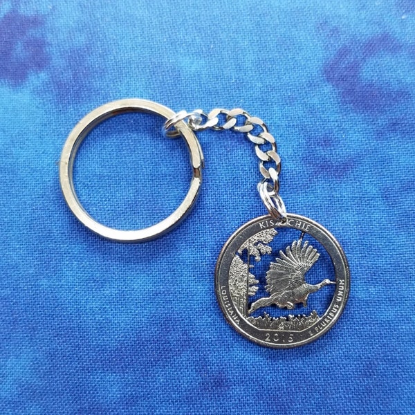 Turkey Key Chain, USA Louisiana State Quarter, Hand Cut Coin Jewelry, Key Chain Fob, Split Ring Key Chain,