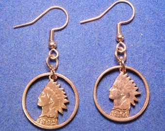 Indian Head Penny Earrings, US penny, Cut Coin Jewelry, Handmade Jewelry, Artisan Earrings
