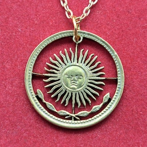 Sun Pendant, Argentine 10 Peso Coin, Cut Coin Jewelry, Sun Charm Necklace, Artisan Jewelry, Handmade Jewelry
