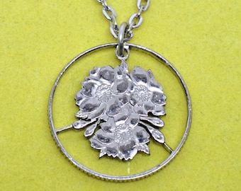 Cherry Blossom Pendant, Japanese 100 Yen Coin, Hand Cut Coin Jewelry, Silver Plated Chain, 9 Necklace Options, Coin Necklace