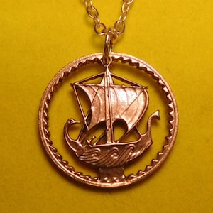 Sailboat Pendant, Galley Ship Necklace, Cyprus 5 Mils Coin, Cut Coin Pendant, Boho Jewelry, Coin Jewelry Copper Jewelry