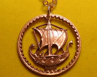 Sailboat Pendant, Cyprus 5 Mils Coin, Cut Coin Jewelry, Boho Necklace, Artisan Jewelry, Handmade Jewelry