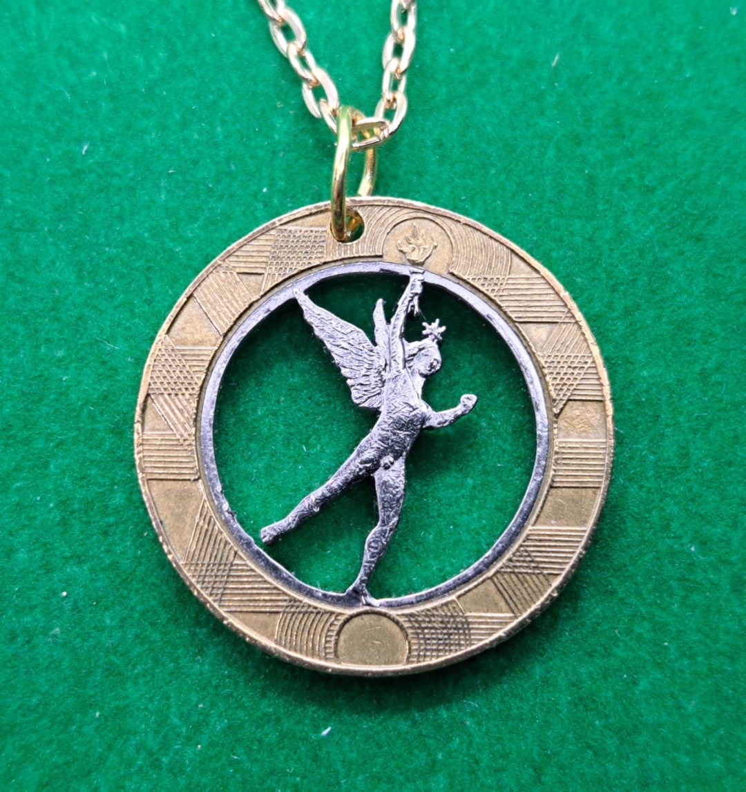 French Coin Angel Pendant Necklace Cut Coin Jewelry Etsy