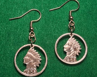 Indian Penny Earrings, US Indian Head Penny, Cut Coin Jewelry, Native American Jewelry