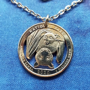 Bat Pendant, USA National Park of American Samoa Quarter, Cut Coin Jewelry, Goth Jewelry, Bat Necklace, Boho Jewelry, Coin Pendant