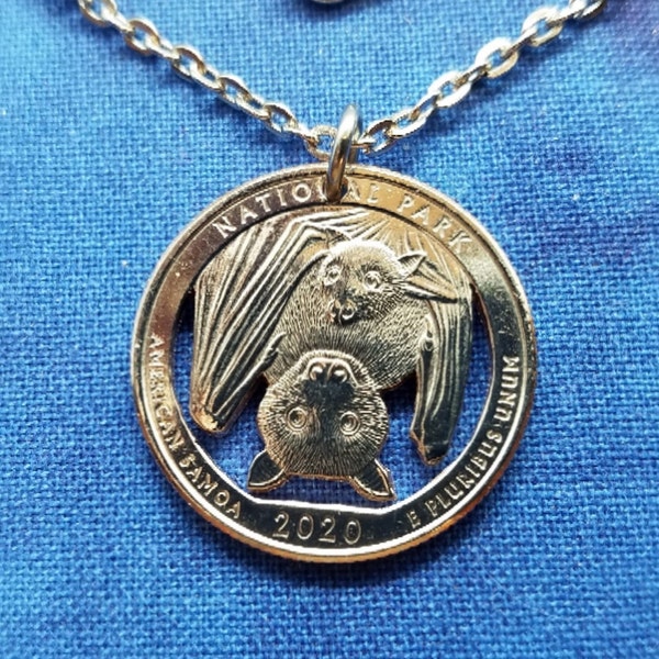 Bat Pendant, USA National Park of American Samoa Quarter, Hand Cut Coin Jewelry, Goth Jewelry, Silver Plated Chain, 9 Necklace Options