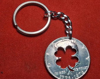 Shamrock Keychain, Four Leaf Clover Keychain, US Kennedy Half Dollar, Cut Coin Jewelry, Handmade Jewelry