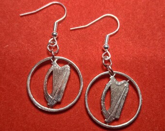 Harp Earrings, Irish 6 Pence, Cut Coin Jewelry, Handmade Artisan Jewelry