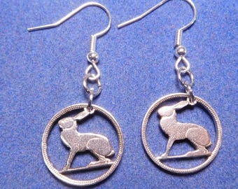 Rabbit Earrings, Irish 3 Pence Coins, Cut Coin Jewelry, Dangle Earrings, Handmade Jewelry, Artisan Jewelry, Boho Jewelry