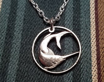 Swordfish Pendant, Singapore 20 Cent Coin, Hand Cut Coin Jewelry, Silver Plated Chain, 9 Necklace Options, Coin Necklace