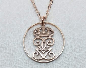 Royal Monogram Pendant, Swedish 5 Ore Coin, Cut Coin Jewelry, Rose Gold Plated Chain, 9 Necklace Options, Hand Cut, Coin Pendant