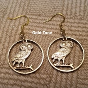 Owl Earrings, Greek 2 Drachma Coins, Cut Coin Jewelry, Artisan Jewelry, Dangle Earrings, Drop Earrings, Boho Jewelry, Handmade Jewelry