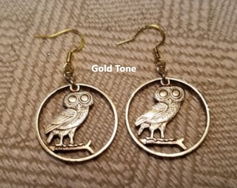 Eule Ohrringe, Cut Münze Schmuck, handgemachter Schmuck, Edelstahldrähte, Runde Ohrringe, griechisch 2 Drachme Münzen, Boho Schmuck