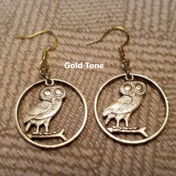 Owl Earrings, Cut Coin Jewelry, Handmade Jewelry, Hypo-allergenic Stainless Steel Wires, Round Dangle Earrings, Greek 2 Drachma Coins