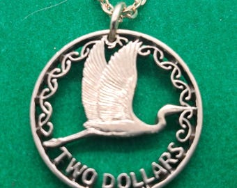 Swan Pendant, Cyprus 2 Dollar Coin, Cut Coin Jewelry, Artisan Jewelry, Boho Necklace, Handmade Jewelry