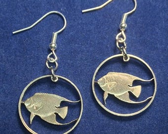 Angelfish Earrings, Bermuda 5 cent coins, Cut Coin Jewelry, Seashore jewelry