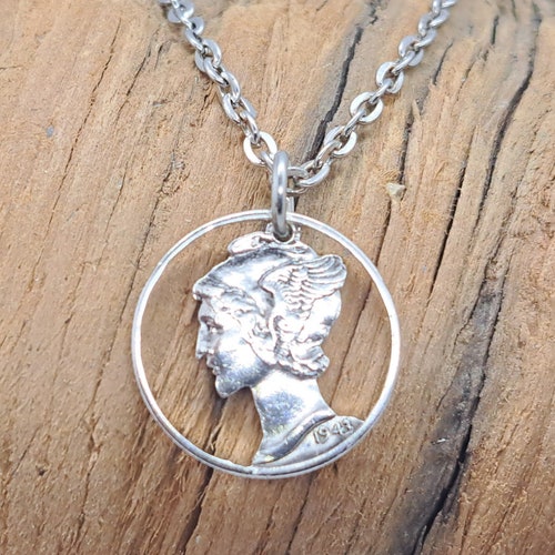 Hanger kwik dubbeltje, Amerikaanse dubbeltje, .900 zilver, geslepen muntsieraden, handgemaakte sieraden, boho-sieraden, ambachtelijke ketting