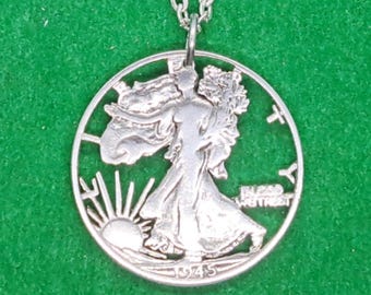 Walking Liberty Pendant, US Half Dollar, .900 Silve, Cut Coin Jewelry, Silver Pendant, Handmade Jewelry, Artisan Jewelry