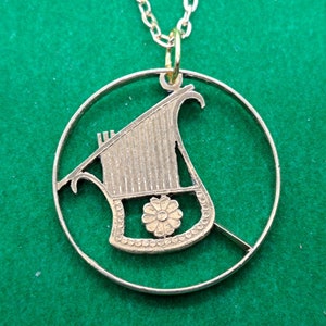 Jewelry Closeout - Harp Pendant, Israel 1/2 New Sheqel, Cut Coin Jewelry, Music Charm, Coin Pendant, Jewish Pendant, Unique Gift