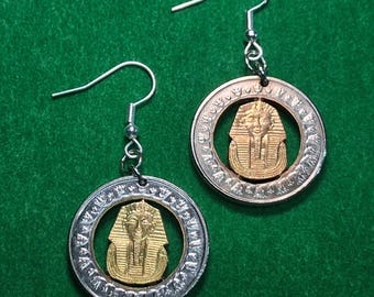 King Tut Earrings, Egypt 1 Pound Coin, Cut Coin Jewelry, Egyptian Jewelry