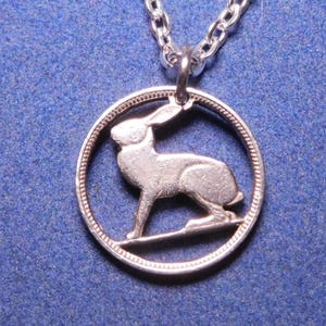 Hand Cut Irish Rabbit Coin Pendant: Handmade Necklace, Irish 3 Pence, Cut Coin Jewelry