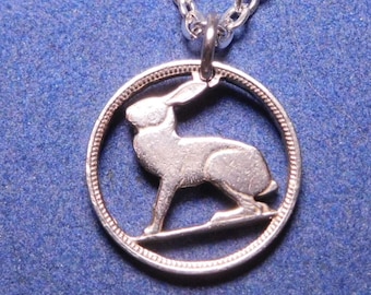 Hand Cut Irish Rabbit Coin Pendant: Handmade Necklace, Irish 3 Pence, Cut Coin Jewelry