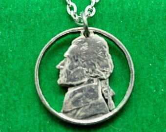 Thomas Jefferson Pendant, US Nickel, Cut Coin Jewelry, Handmade Necklace, Artisan Jewelry, Patriotic Charm