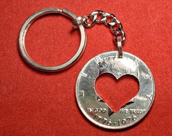 Ace of Hearts Key Chain, US Kennedy Half Dollar, Cut Coin Jewelry, Handmade Jewelry