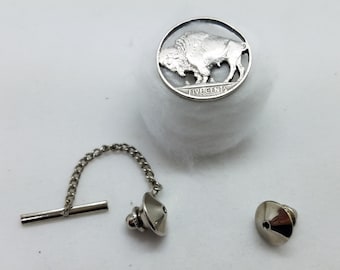 Hand Cut Buffalo Nickel Pin: USA Bison Coin Tie Tack