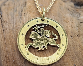 Mounted Knight Pendant, Lithuania 50 Cent Euro, Hand Cut Coin Jewelry, Gold Plated Chain - 9 Necklace Options, Coin Necklace