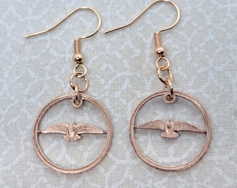 Taube Ohrringe, baumeln Ohrringe, geschnittene Münzen Schmuck, hypoallergene Rose Edelstahldrähte, runde Ohrringe, kanadische 1 Cent Münzen