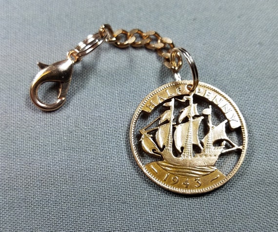 Necklace Gift item Great Britain 1//2 Penny Sailing Ship Gold on Silver Pendant
